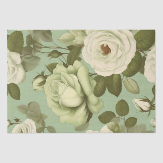 Groen en Wit Italiaanse Bloem Print Decoupage / Tissuepapier (Voorkant)