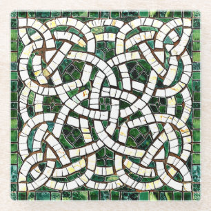 Groen en Wit Keltisch Knoopsteen Mozaïek Glazen Onderzetter