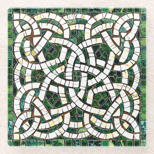 Groen en Wit Keltisch Knoopsteen Mozaïek Glazen Onderzetter (Voorkant)