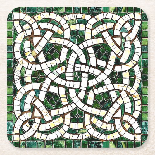 Groen en Wit Keltisch Knoopsteen Mozaïek Kartonnen Onderzetters (Voorkant)
