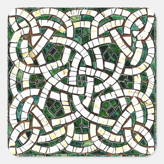 Groen en Wit Keltisch Knoopsteen Mozaïek Vierkante Sticker (Voorkant)
