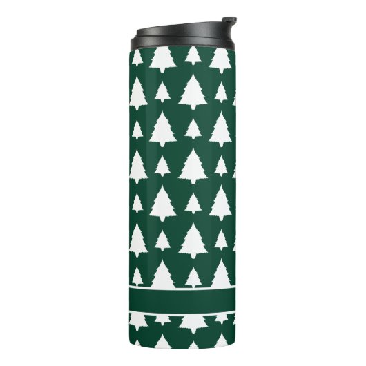 Groen en wit kerstboompatroon en naam thermosbeker (Gedraaid links)