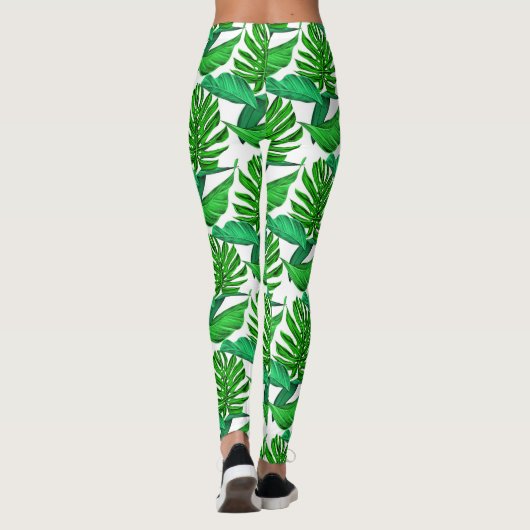 Groen en wit palmafvoerpatroon, tropisch oerwoud leggings (Achterkant)