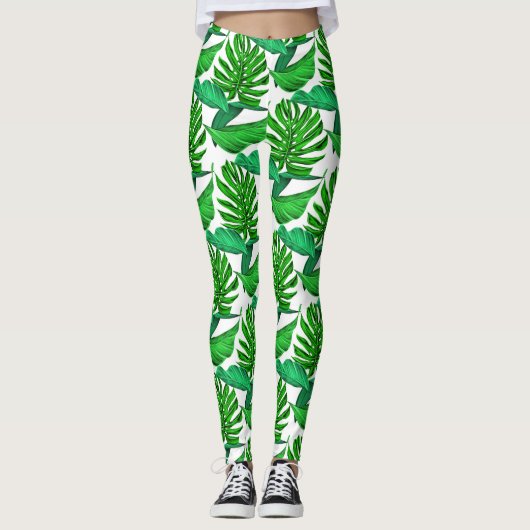 Groen en wit palmafvoerpatroon, tropisch oerwoud leggings (Voorkant)