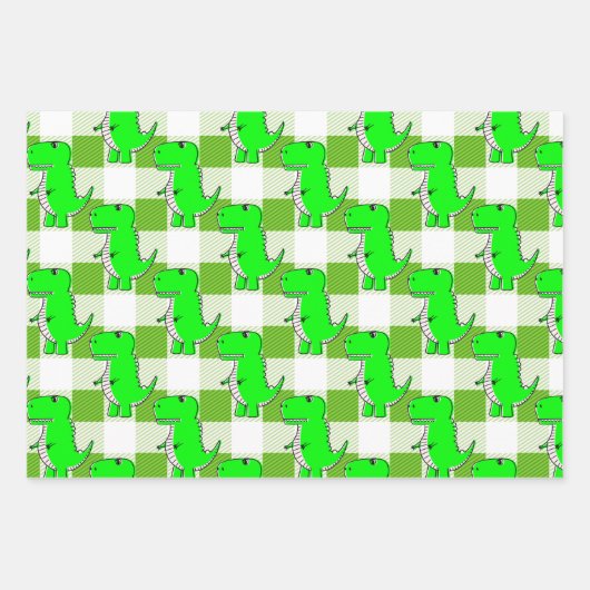 Groen en Wit Plaid Dino Tartan Patroon Inpakpapier Vel (Voorkant)