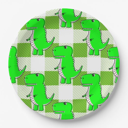 Groen en Wit Plaid Dino Tartan Patroon Papieren Bordje (Voorkant)
