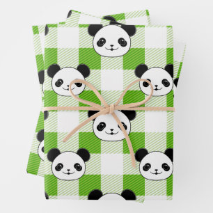 Groen en Wit Plaid Panda Beer Tartan Pattern Inpakpapier Vel