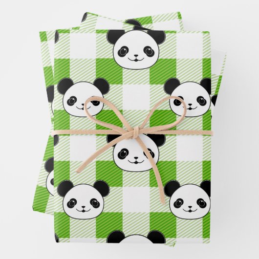 Groen en Wit Plaid Panda Beer Tartan Pattern Inpakpapier Vel (In situ)