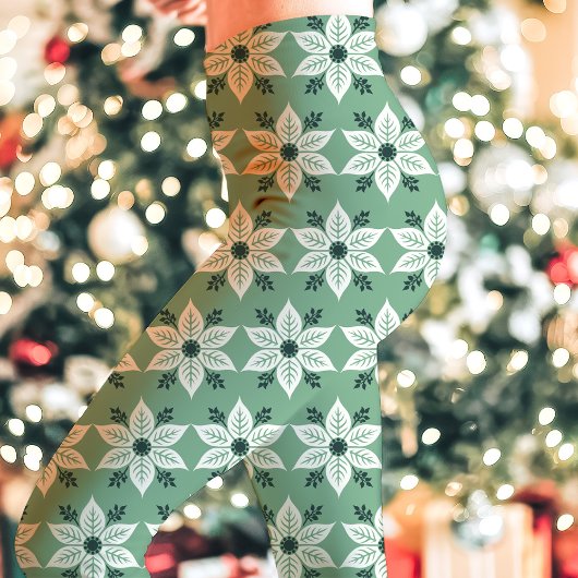 Groen en wit Poinsettia Patroon Kerstmis Leggings