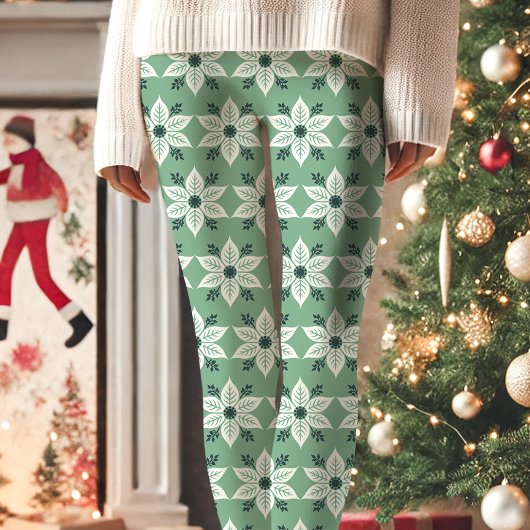 Groen en wit Poinsettia Patroon Kerstmis Leggings