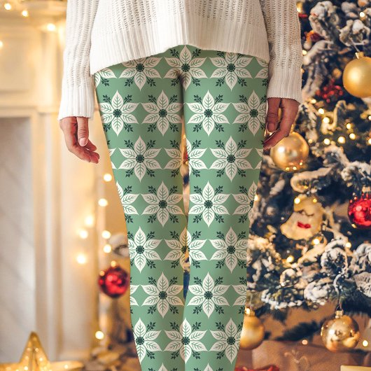 Groen en wit Poinsettia Patroon Kerstmis Leggings
