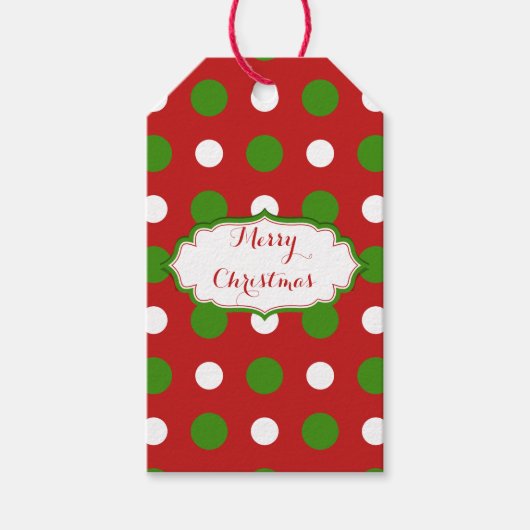 Groen en wit Polka stippen op kerst rood Cadeaulabel (Voorkant)