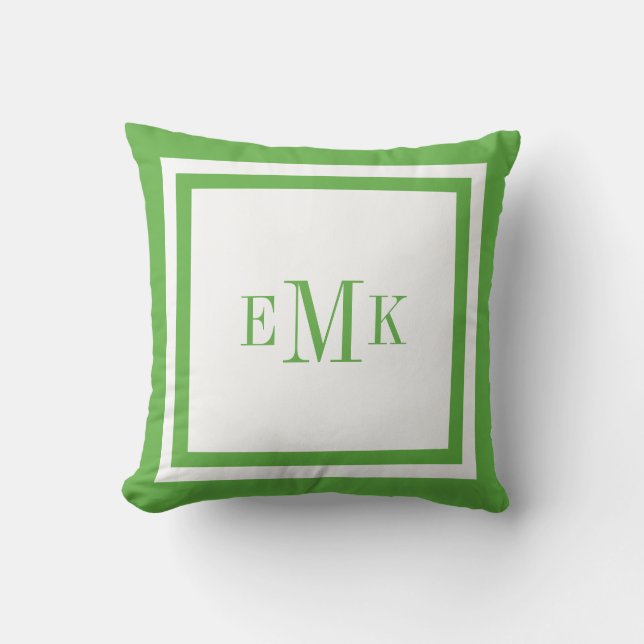 Groen en Wit Preppy Lint Stippen Custom Monogram Kussen (Voorkant)