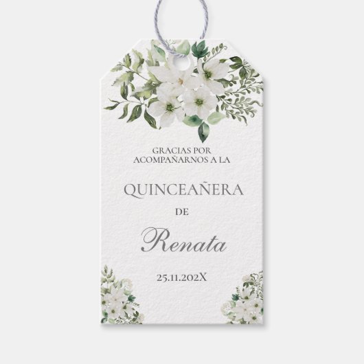 Groen en wit Quinceanera Floral Cadeaulabel (Voorkant)