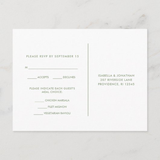 Groen en Wit RSVP met Script Maaltijdkeuze Uitnodiging Briefkaart (Achterkant)