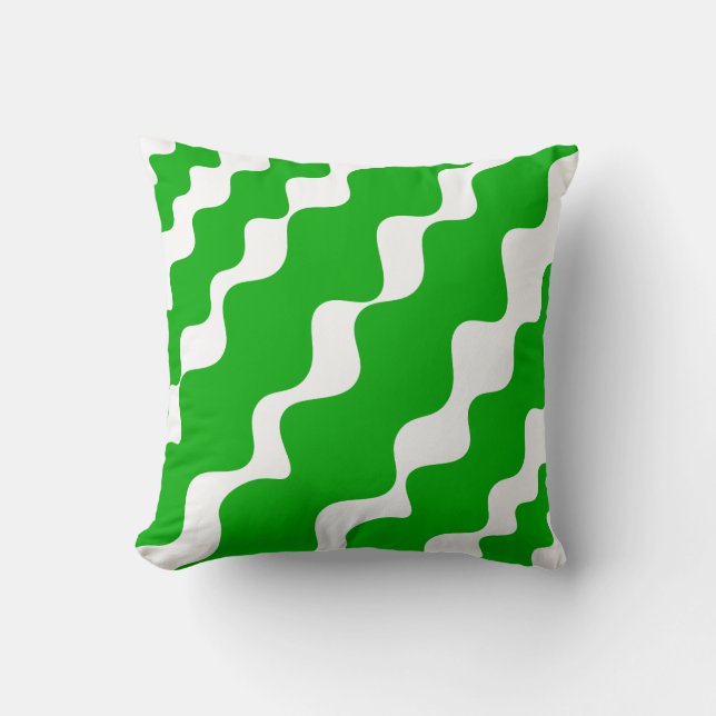 Groen en wit schuin aflopende golven patroon kussen (Voorkant)