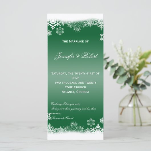 Groen en Wit Sneeuwvlokken Trouwprogramma Programmakaart (Staand voorkant)
