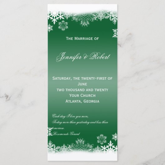 Groen en Wit Sneeuwvlokken Trouwprogramma Programmakaart (Voorkant)