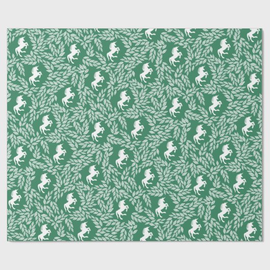 Groen en wit Unicorn Floral Leaf Pattern Cadeaupapier (Vlak)