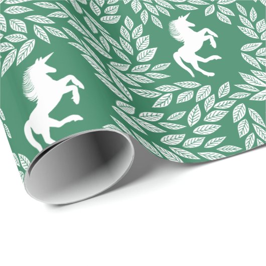 Groen en wit Unicorn Floral Leaf Pattern Cadeaupapier (Rol Hoek)