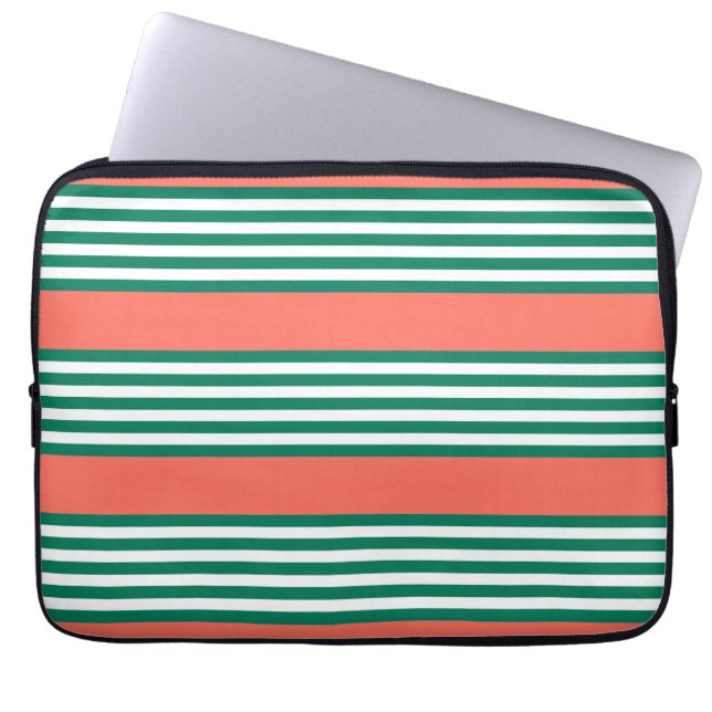 Groen en wit vijf strips met koraal laptop sleeve (Voorkant)