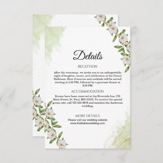 Groen en Wit Waterverf Bloemen Trouwdetails Informatiekaartje (Voorkant / Achterkant)