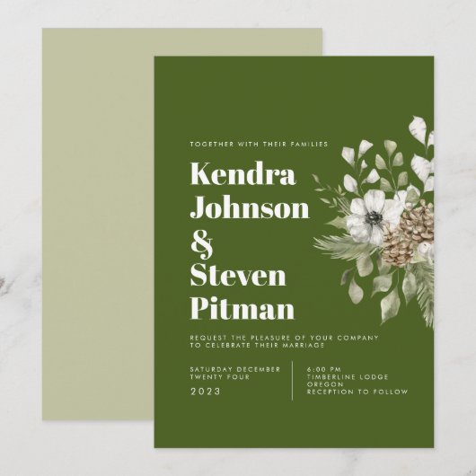 Groen en wit winterbos Bouquet Modern Wedding Kaart (Voorkant / Achterkant)