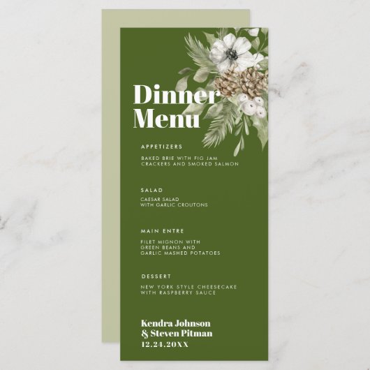 Groen en wit winterbos Bouquet Modern Wedding Menu (Voorkant / Achterkant)
