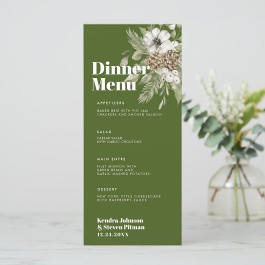 Groen en wit winterbos Bouquet Modern Wedding Menu (Staand voorkant)