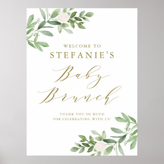 Groen en witte bloemen Baby Brunch Welkom Poster (Voorkant)