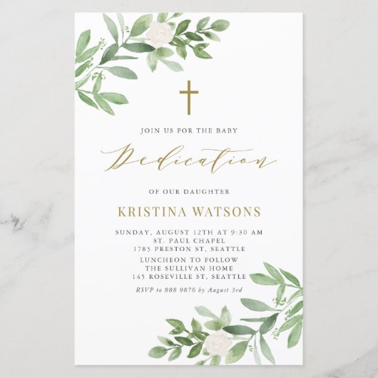 Groen en Witte Bloemen Baby Toewijding Uitnodigen (Voorkant)