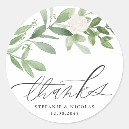 Groen en witte bloemen bruiloft dank u ronde sticker (Voorkant)