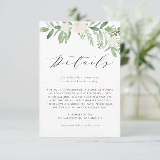 Groen en witte bloemen bruiloft details informatiekaartje (Staand voorkant)
