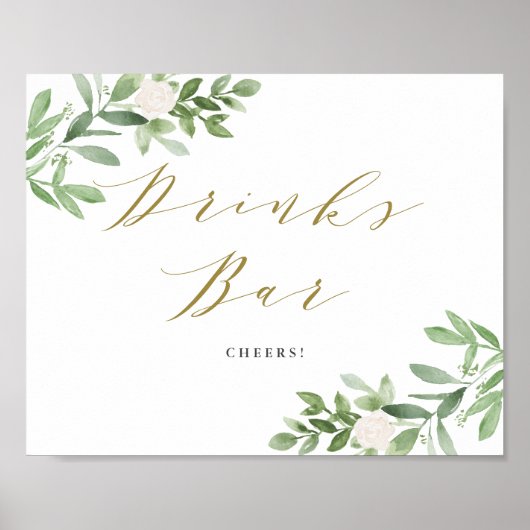 Groen en Witte Bloemen Bruiloft Drinken Bar Poster (Voorkant)