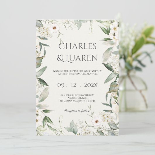 Groen en witte bloemen Bruiloft Kaart (Staand voorkant)