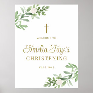 Groen en Witte Bloemen Doop Welkom Poster