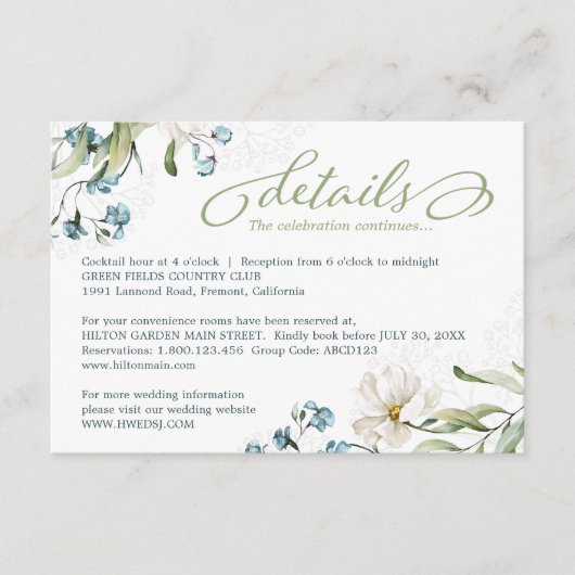 Groen en witte bloemen elegante bruiloft informatiekaartje (Voorkant)