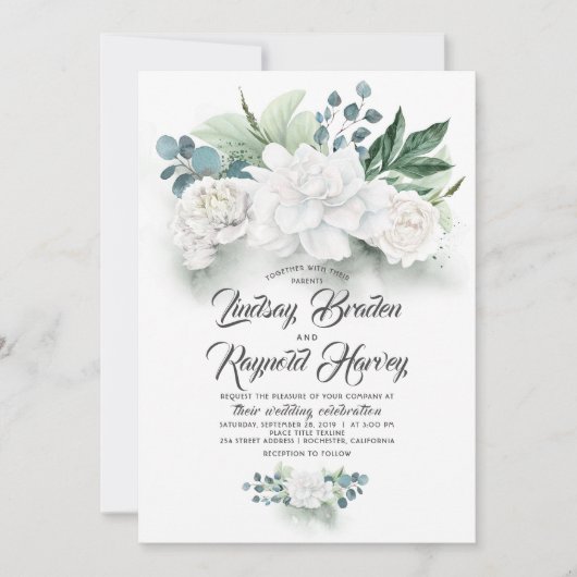 Groen en witte bloemen Elegante pioenenbruiloft Kaart (Voorkant)