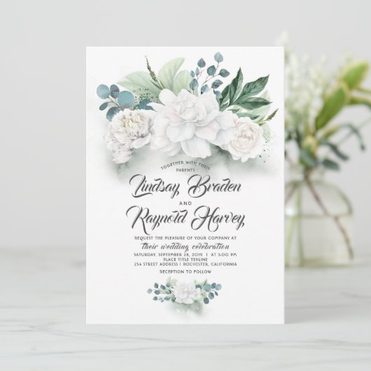 Groen en witte bloemen Elegante pioenenbruiloft Kaart (Staand voorkant)