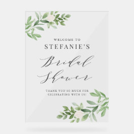 Groen en Witte Bloemen Grijs Bruiloftsfeest Acryl Bord