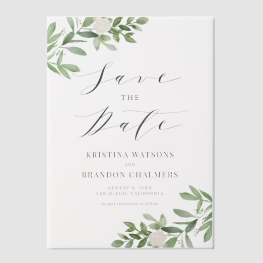 Groen en Witte Bloemen Grijs Save the Date Vellum Uitnodigingen (Voorkant)