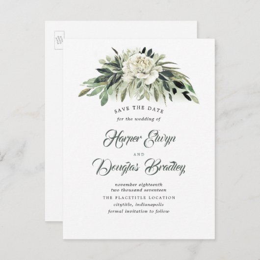 Groen en witte pioen  Save the Date Aankondigingskaart (Voorkant / Achterkant)