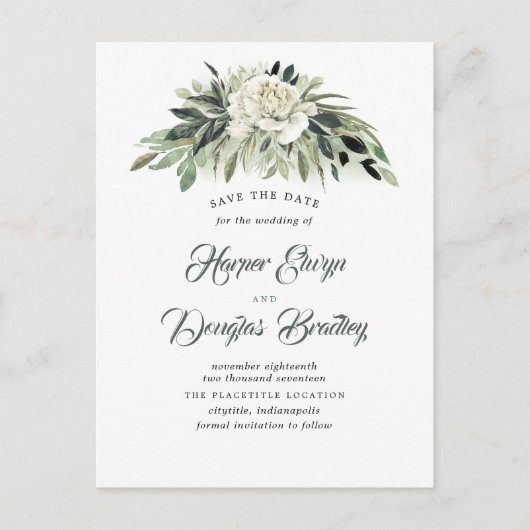 Groen en witte pioen  Save the Date Aankondigingskaart (Voorkant)