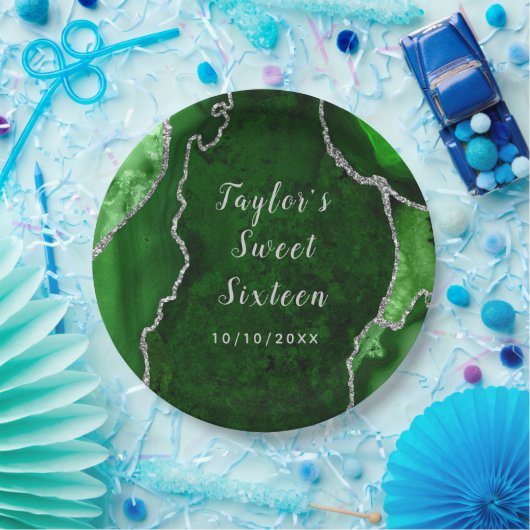 Groen en Zilver Agaat Marmer Zoet Zestien Papieren Bordje (Feest)