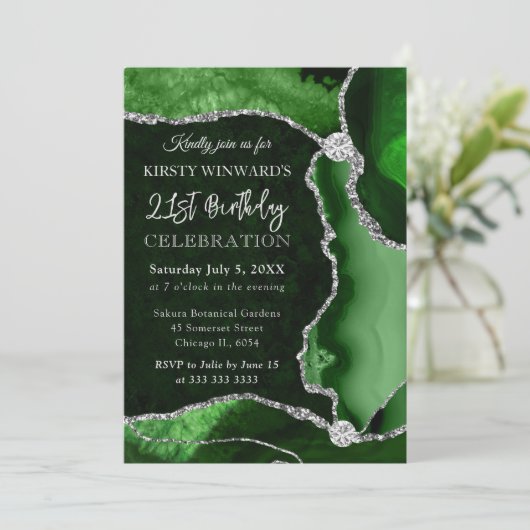 Groen en Zilver Faux Glitter Agate Birthday Kaart (Staand voorkant)