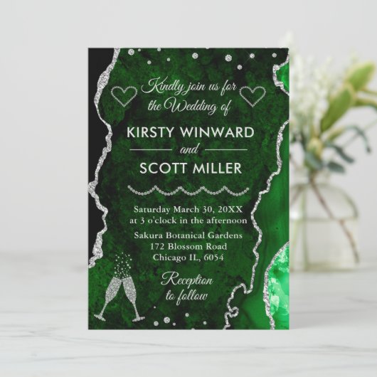 Groen en zilver Faux Glitter Agate Marble Wedding Kaart (Staand voorkant)