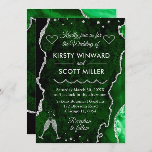 Groen en zilver Faux Glitter Agate Marble Wedding Kaart (Voorkant / Achterkant)