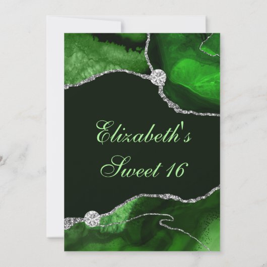 Groen en Zilver Faux Glitter Agate Sweet Sixteen Kaart (Achterkant)