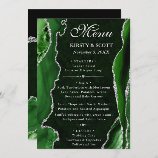 Groen en Zilver Faux Glitter Agate Wedding Menu (Voorkant / Achterkant)