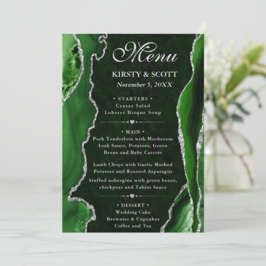 Groen en Zilver Faux Glitter Agate Wedding Menu (Staand voorkant)